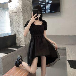 Puff-sleeve Ruffled A-line Dress Black - One Size