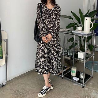 Long-sleeve Floral Midi Smock Dress Black - One Size