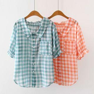 Pocket-front Lapel Check Blouse