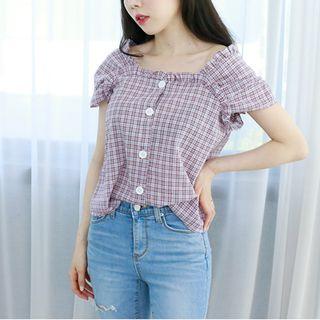 Petite Size - Off-shoulder Check Blouse