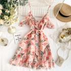 Cold-shoulder Floral Print A-line Dress Pink - One Size