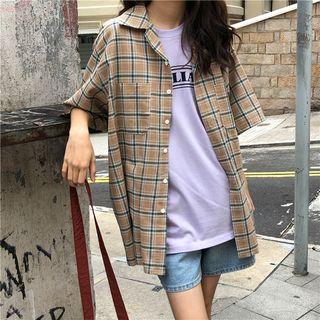 Plaid Short-sleeve Shirt Khaki - One Size