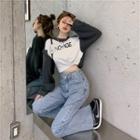 Cropped Lettering Print Knit Panel Sweatshirt / Washed Straight Leg Jeans