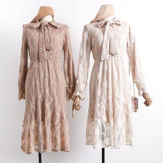 Ribbon-neckline Lace Dress