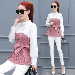 Gathered-waist Long-sleeved Gingham Panel Blouse