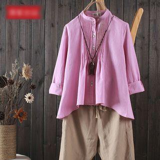 Stand-collar Pintuck Long-sleeve Blouse