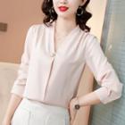 3/4-sleeve V-neck Faux Pearl Blouse