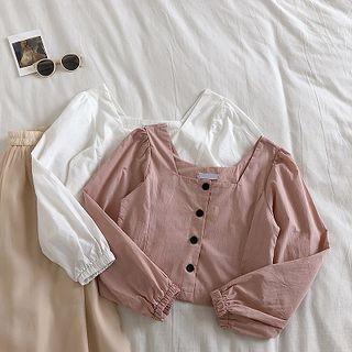 Plain Single-breasted Square-neck Long-sleeve Blouse
