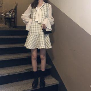 Set: Chiffon Blouse + Tweed Pinafore Dress