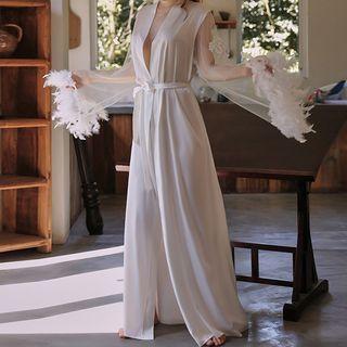 Fluffy-cuff Lace Panel Robe White - One Size