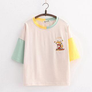 Short-sleeve Fox Embroidered T-shirt Pink - One Size