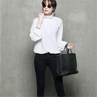 High-neck Crepe Peasant Blouse