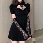 Puff Short-sleeve Band Collar A-line Dress With Gloves