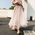 Midi A-line Mesh Skirt/ V-neck Sweater