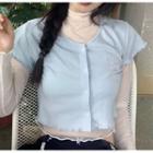 Short-sleeve Plain Ruffle Trim Cropped Top + Long-sleeve Mesh Top