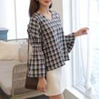 V-neck Wide-sleeve Checked Top