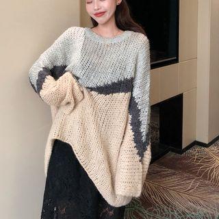 Color Block Long-sleeve Knit Top / Lace Panel A-line Midi Skirt