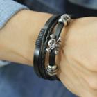 Stainless Steel Skull Leather Layered Bracelet 1413 - Black & Silver - One Size