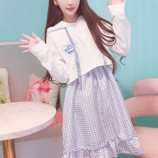 Cropped Embroidered Hoodie / Sleeveless Plaid Dress