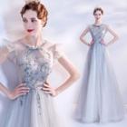 Cap-sleeve Floral Applique A-line Wedding Gown