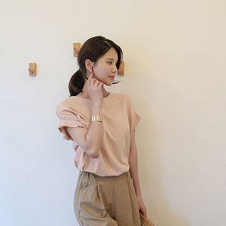 Pleated-sleeve Cotton T-shirt