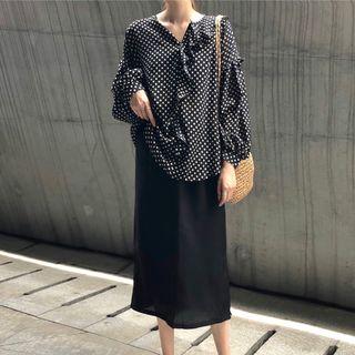 Ruffle Trim Blouse / Midi Skirt