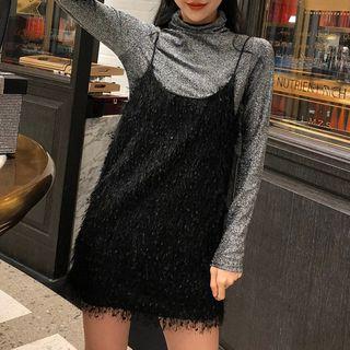 Mock Turtleneck Long-sleeve Glitter Top / Spaghetti Strap Mini Fringed Dress