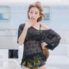 Short-sleeve Fringed Lace Cover-up Black - One Size