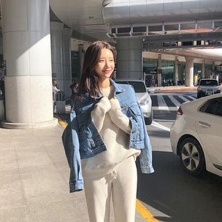 Drop-shoulder Washed Denim Jacket Blue - One Size