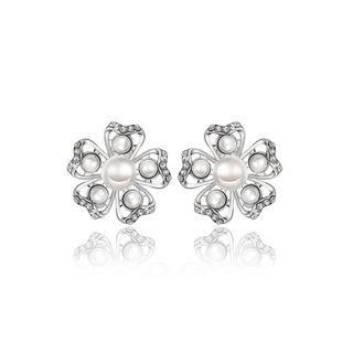 Elegant Romantic Sweet White Flower Non Natural Pearl Earrings Ear Studs Silver - One Size