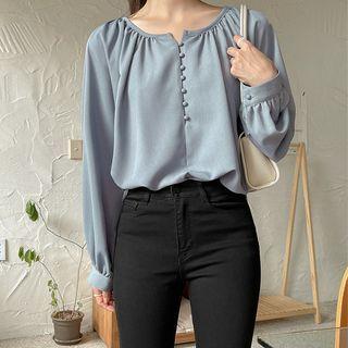 Plus Size Shirred Button-trim Blouse