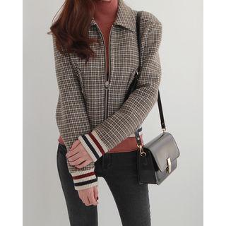 Houndstooth Wool Blend Zip Jacket