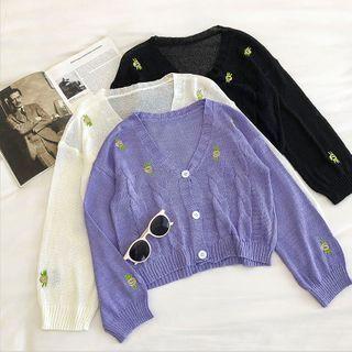 Embroidered V-neck Long-sleeve Cable-knit Cardigan
