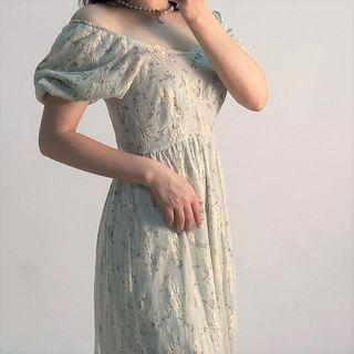 Puff-sleeve Floral Print Lace Mini Dress