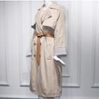 Plaid Panel Double-breasted Midi Trench Coat / Faux Leather Belt