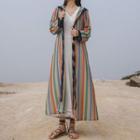 Striped Long Hooded Light Cardigan Light Green - One Size