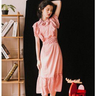 Short-sleeve Ruffled Polka Dot Ribbon Midi Dress