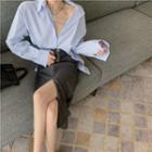 Long-sleeve Plain Loose-fit Shirt / High-waist Midi Skirt