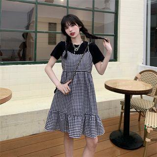 Gingham Ruffle Hem A-line Overall Dress Dress - Red & Pink - One Size