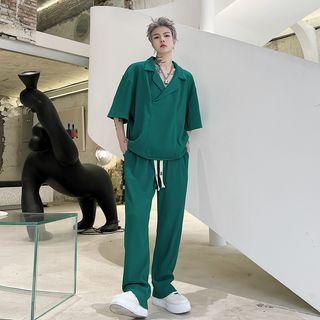 Set: Elbow-sleeve Collar T-shirt + Straight Leg Pants