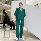 Set: Elbow-sleeve Collar T-shirt + Straight Leg Pants