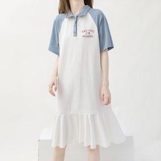 Raglan Short-sleeve Lettering Ruffle Hem Midi Polo Dress