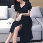 Puff-sleeve V-neck Slit A-line Midi Dress