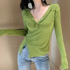 V-neck Long-sleeve Slit T-shirt