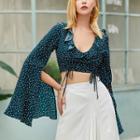 Bell-sleeve Dot Print V-neck Cropped Top