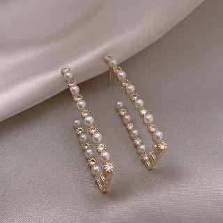 Rhinestone Faux Pearl Bar Earring 1 Pair - Pearl Geometric Earring - One Size