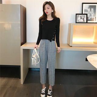 Button Detail Long-sleeve Top / Plaid Crop Harem Pants