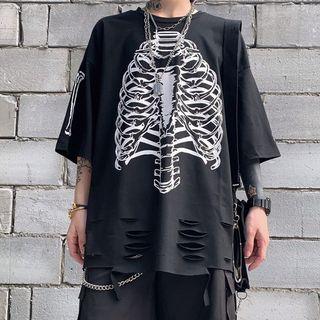 Ripped Printed Elbow-sleeve T-shirt Black - One Size