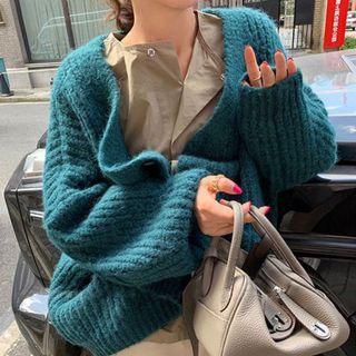 Lantern Sleeve Plain Knitted Cardigan