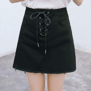 Lace Up Detail Fray Hem Denim Skirt